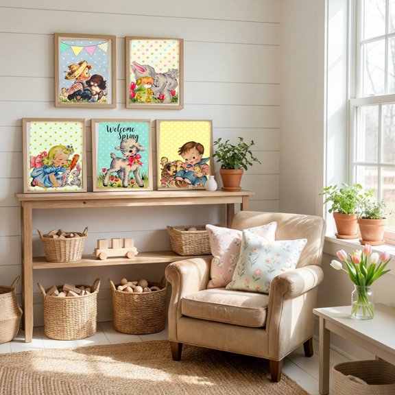 Vintage Welcome Spring Animals Children Themed Home Art Print Watercolor Design Wall Picture Decor Set