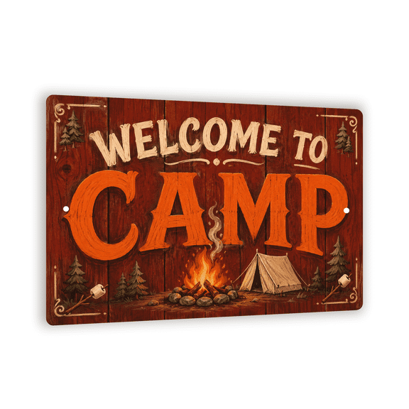 Vintage "Welcome to Camp" Cedar Plank Metal Sign - Rustic Camp Welcome Decor - 8"x 12" Cabin Wall Art For Campers And Cabin Owners