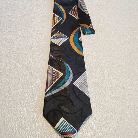 Vintage Wembley Geometric Pattern Mens Tie In Black With Gold Teal & Purple Accents Classic