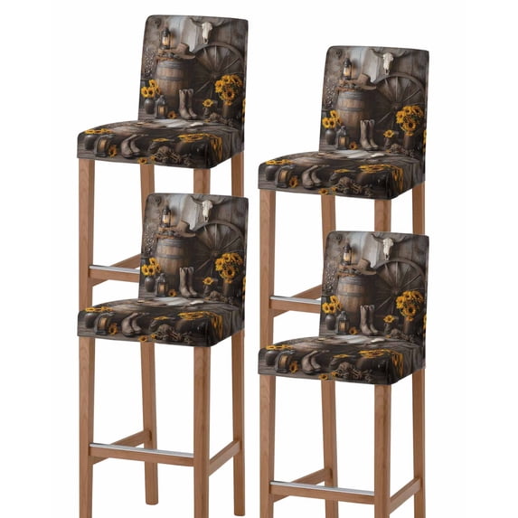 Vintage Western Bar Stool Covers Set of 4, Countryside Sunflowers Wooden Retro Stretch Washable Bar Chair Covers with Backs, Removable Pub Counter Height Chair Cover for Kitchen Dining Room Cafe