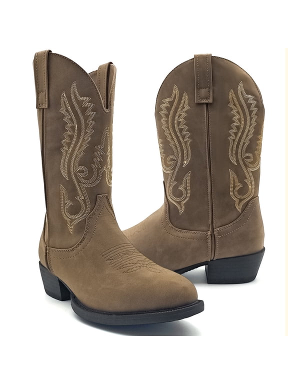 Vintage Western Boots for Men Round Pointed Toe Embroidered Retro Mid Calf Cowboy Boots Shoes Durable Pull On