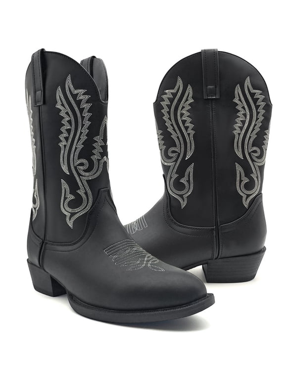 Vintage Western Boots for Men Round Pointed Toe Embroidered Retro Mid Calf Cowboy Boots Shoes Durable Pull On