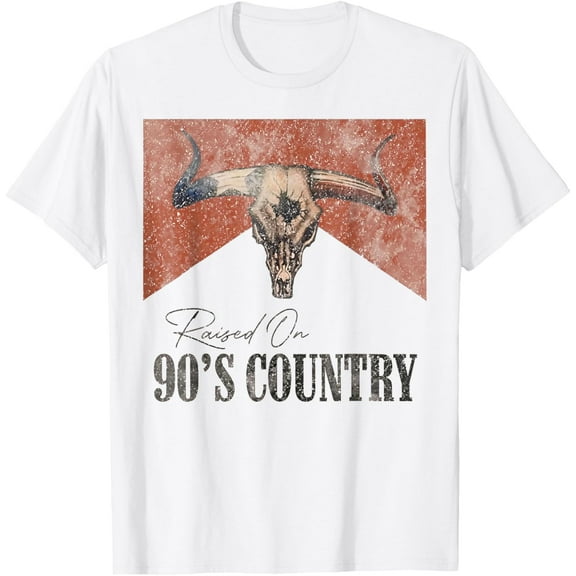 Vintage Western Bull Skull Raised On 90's Country Music T-Shirt