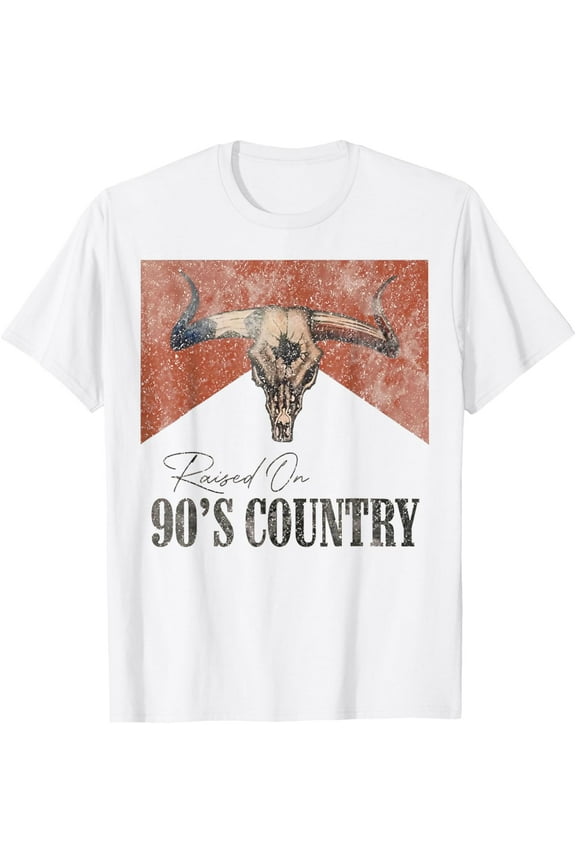 Vintage Western Bull Skull Raised On 90's Country Music T-Shirt