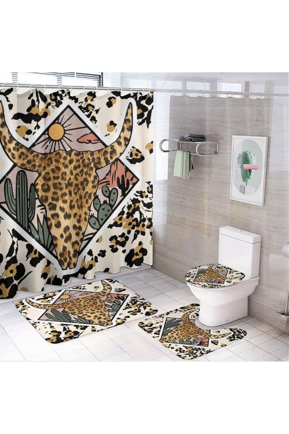 Vintage Western Cowboy 4 Pcs Waterproof Shower Curtain Set,Rustic Old Wood Boards Farm Daisy Cowboy Boots Hat Horseshoe with Waterproof Toilet Cover Shower Mat Rugs