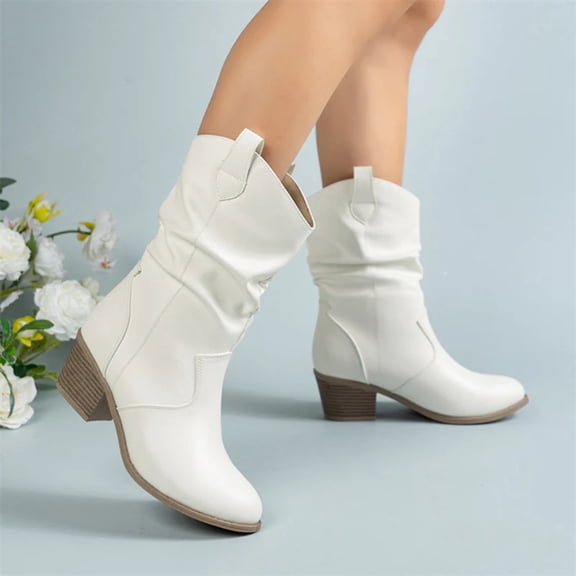 Vintage Western Cowboy Boots For Women Square Heels PU Leather Mid-Calf Shoes Autumn Winter Knight Boots Ladies