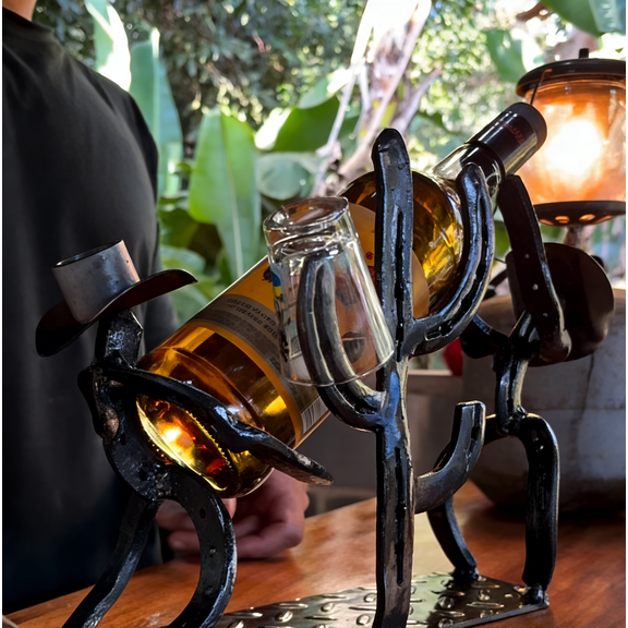 Vintage Western Cowboy & Cactus Wine Rack - Metal Tabletop Wine Display Rack for Kitchens, Bars & Dining Rooms, Durable Rustic Decor, Perfect Year of The Horse & Easter Home Bar Essential