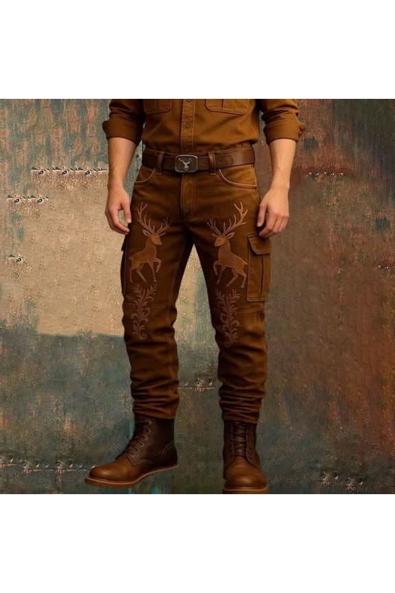 Vintage Western Cowboy Cargo Pants for Men Outdoor Casual Work Long Trousers Spring Coffee L