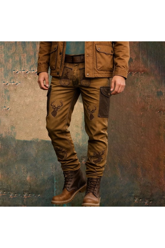 Vintage Western Cowboy Cargo Pants for Men Punk Style Outdoor Casual Work Long Trousers Spring Coffee L