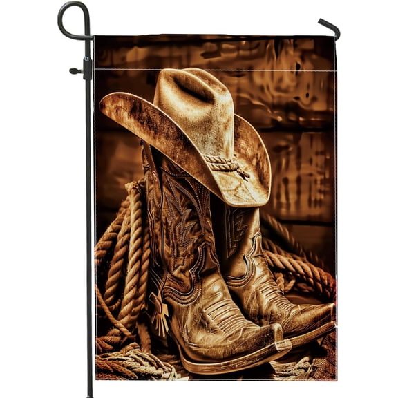 Vintage Western Cowboy Garden Flag, Rustic Brown Hat Boots Rope Yard Fla, Country Style Outdoor Decor For Fall Thanksgiving 12x18 Inch