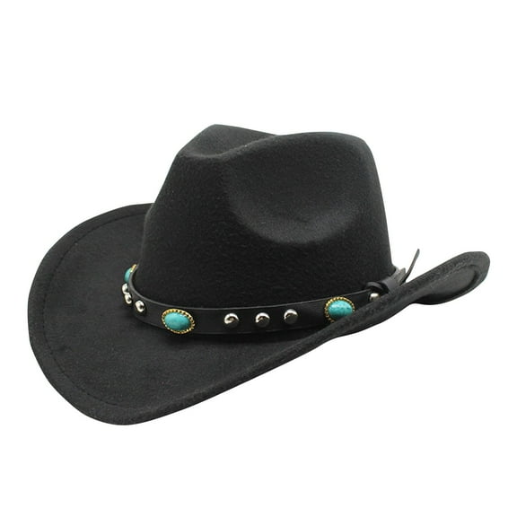 Vintage Western Cowboy Hat Ox Head Belt Rivet Fedora Hats for Men Women Outdoor Travel Wide Brim Faux Leather Cowgirl Sun Caps(Black One Size)