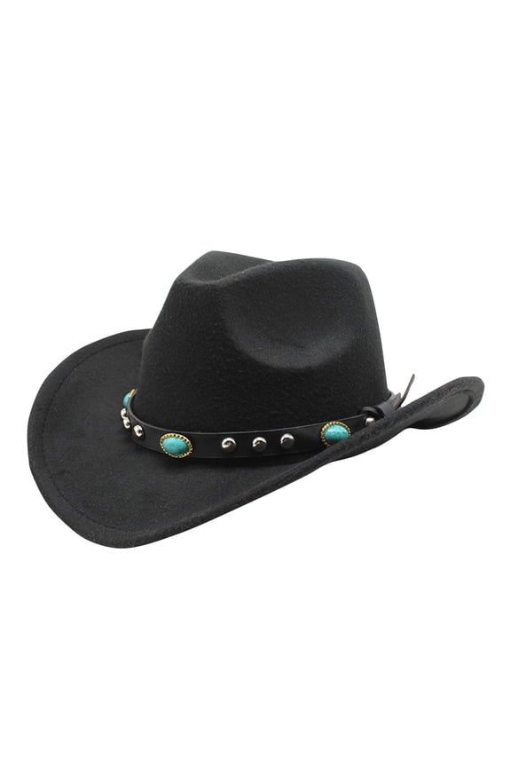 Vintage Western Cowboy Hat Ox Head Belt Rivet Fedora Hats for Men Women Outdoor Travel Wide Brim Faux Leather Cowgirl Sun Caps(Black One Size)