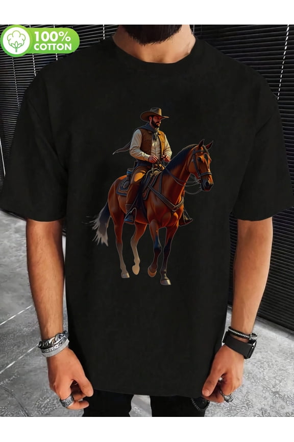 Vintage Western Cowboy on Horseback Graphic T-Shirt - 180g Soft Breathable Cotton, Black Crew Neck Short Sleeve Tee, Regular Fit Unisex for Men & Women, Machine Washable All-Season