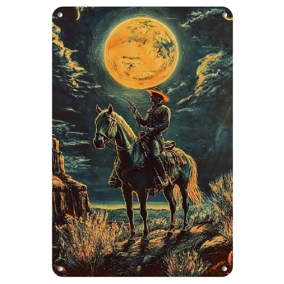 Vintage Western Cowboy Metal Tin Sign - 8x12" | Rust-Proof & Waterproof Wall Art with Sunset Desert Scene, Perfect for Home, Office, Bar, Cafe, Garage & Library Decor
