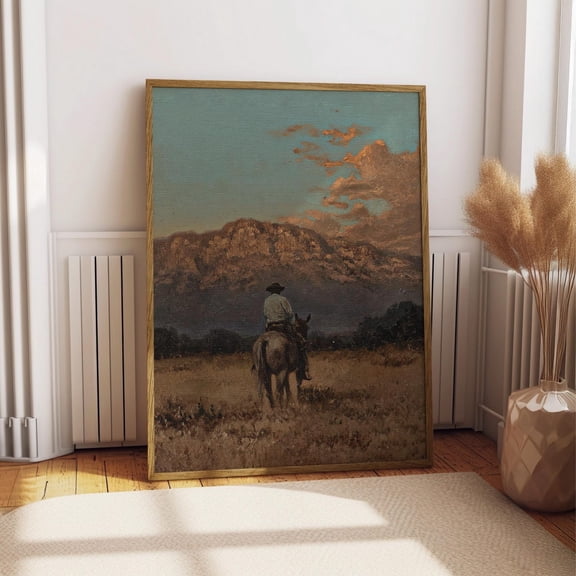 Vintage Western Cowboy Oil Painting Rustic 1800S Horse Poster Antique Retro Mid Century Decor Rocky Mountain Western Cabin, Cottage Wall, Art, Unfreamed 8x12