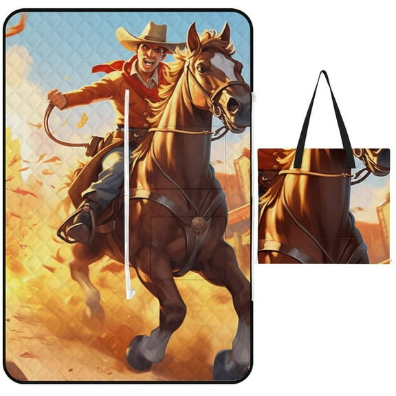 Vintage Western Cowboy Picnic Blanket Waterproof Outdoor Beach Blanket Hand-held Pad Suitable for Travel, Camping, Beach, Family Gatherings