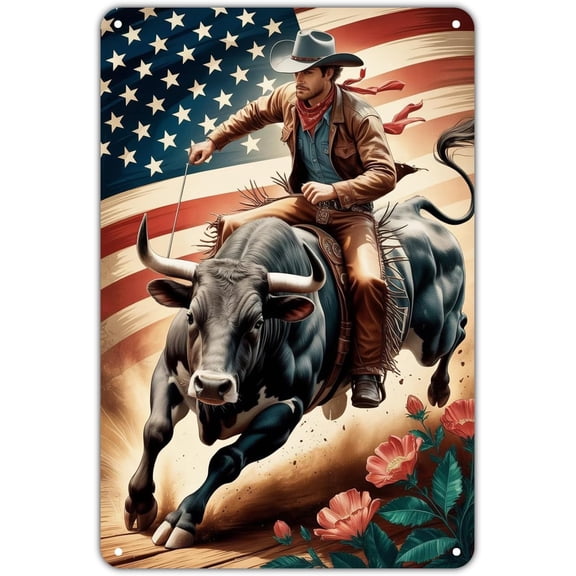 Vintage Western Cowboy Riding Bull American Flag Metal Wall Sign for Garden Yard Bar Porch Home Decor, 8 x 12 Inch