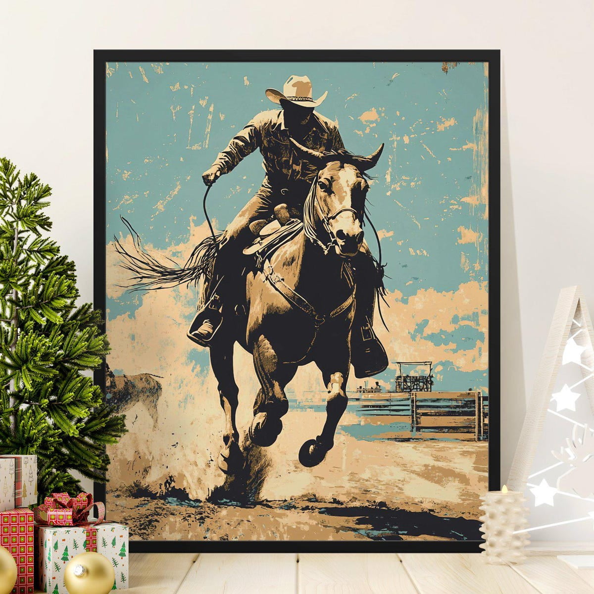 Vintage Western Cowboy Riding Horse Art Print, Wild West Americana ...
