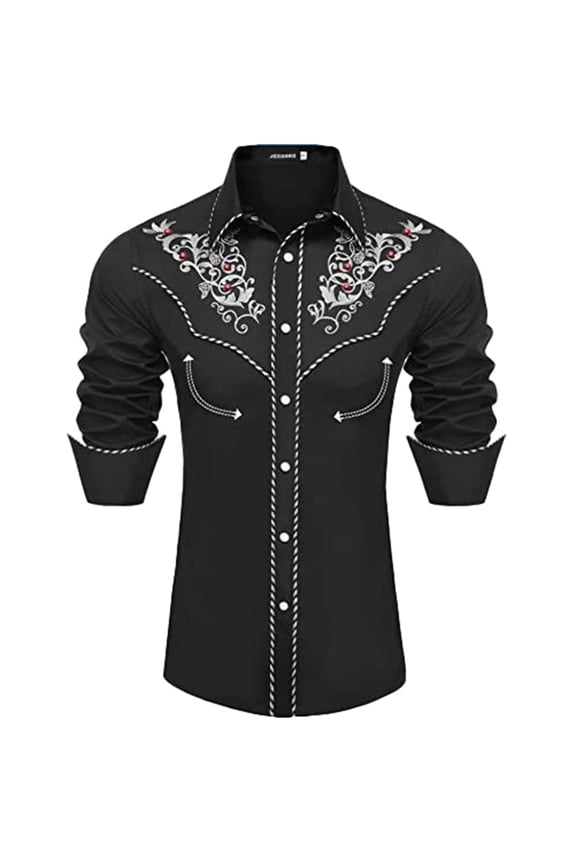 Vintage Western Cowboy Shirt for Men Embroidered Long Sleeve Pearl Snap Shirt Rhinestone Button Down Shirt Spring Fall Black L