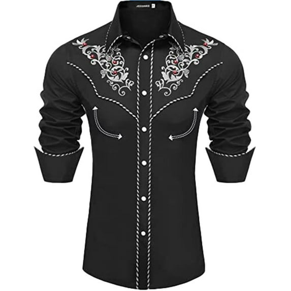 Vintage Western Cowboy Shirt for Men Embroidered Long Sleeve Pearl Snap Shirt Rhinestone Button Down Shirt Spring Fall Black S