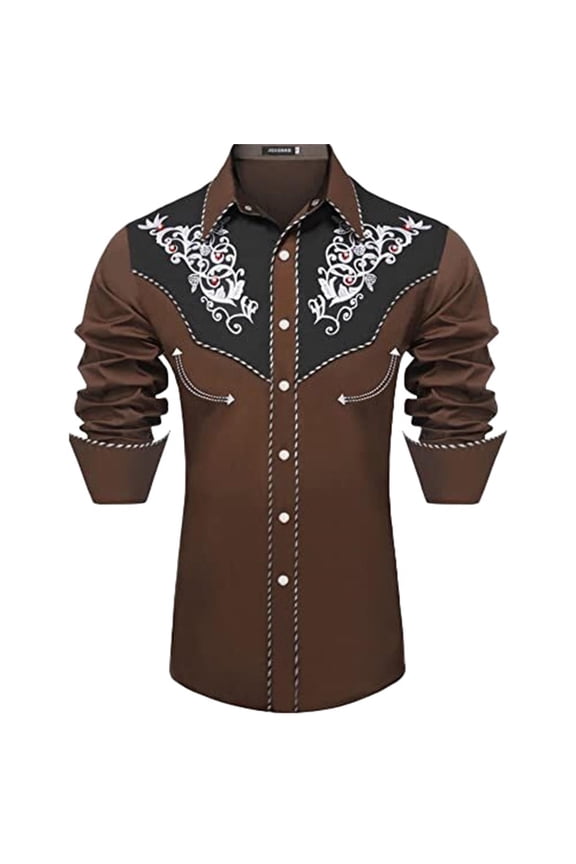 Vintage Western Cowboy Shirt for Men Embroidered Long Sleeve Pearl Snap Shirt Rhinestone Button Down Shirt Spring Fall Brown XXL