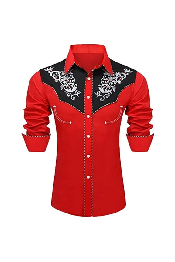 Vintage Western Cowboy Shirt for Men Embroidered Long Sleeve Pearl Snap Shirt Rhinestone Button Down Shirt Spring Fall Red L