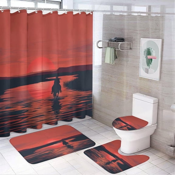 Vintage Western Cowboy Sunset Shower Curtain Watercolor Minimalist Western Cowboys Bathroom Shower Curtain Set with Hooks