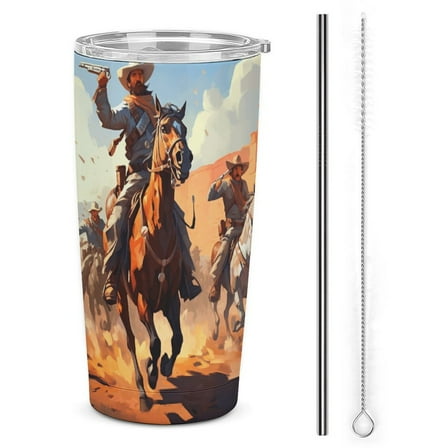 Vintage Western Cowboy Tumbler Print 20oz Stainless Steel Coffee Cup with Lid & Straw Double Wall Insulated Tumbler