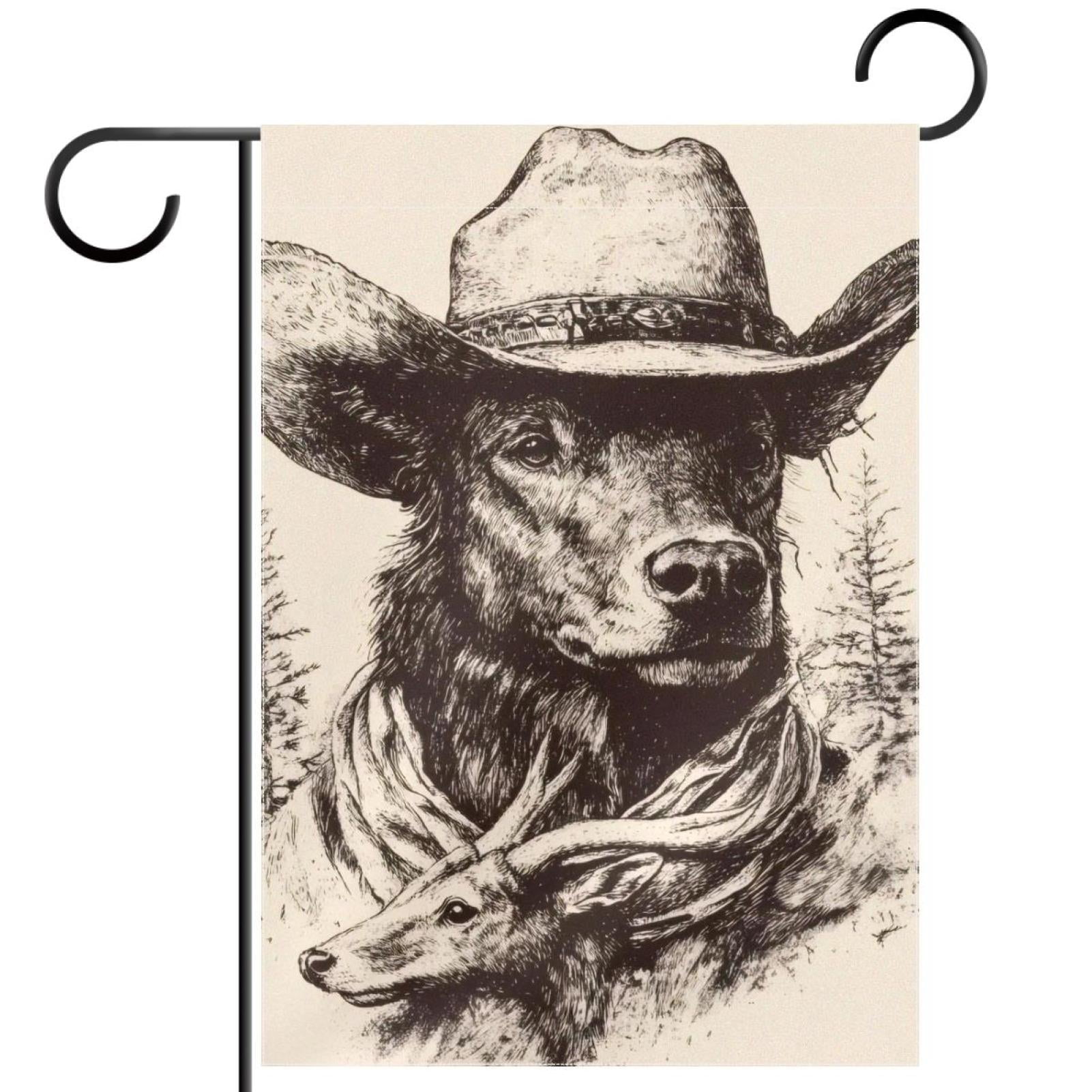 Vintage Western Cowboy Wildlife Pattern Double Sided Garden Flag Decorative Weather Resistant Yard Flag, Large DIY Vertical Flag for Farmhouse Patio Lawn, 28x40 Inch