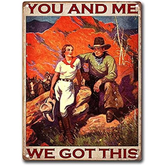 Vintage Western Cowboy and Cowgirl Metal Tin Sign, Rustic Wall Decor, 8 x 12 Inch