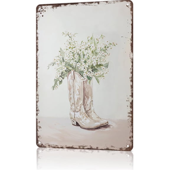 Vintage Western Cowgirl Boots Metal Sign, Boho Rustic White Flowers Tin Wall Decor Poster for Home Bedroom Dorm, 8x12 Inch