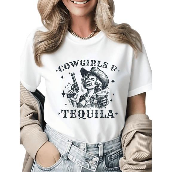 Vintage Western Cowgirls & Tequila Graphic Tees Womens T-shirt Black/White S-5XL Shirts Daily Casual Tops