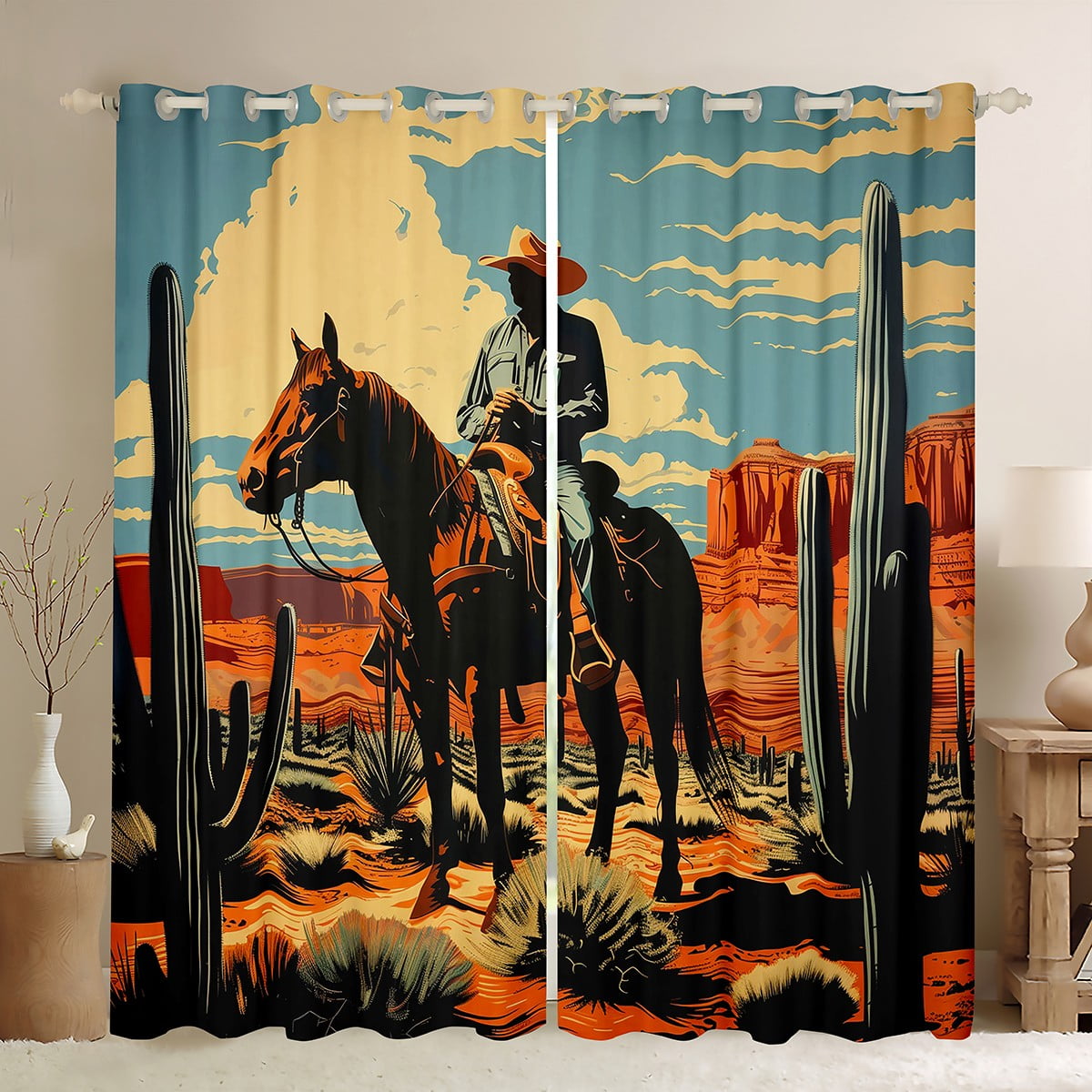 Vintage Western Cowboy Valance Curtain - Wild West Horse & Cactus Design, Rod Pocket, 54x18 Inches