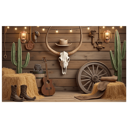 Vintage Western Decor Cowboy Skull Barn Backdrop for Birthday Party Photography Children Event Celebration