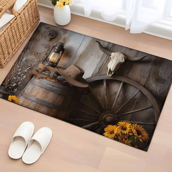 Vintage Western Entryway Rug 2'x3' Non Slip Front Door Mats, Countryside Sunflowers Wooden Retro Entrance Rugs Indoor Outdoor Carpet, Washable Floor Mats Small Area Rug for Bedroom Kitchen