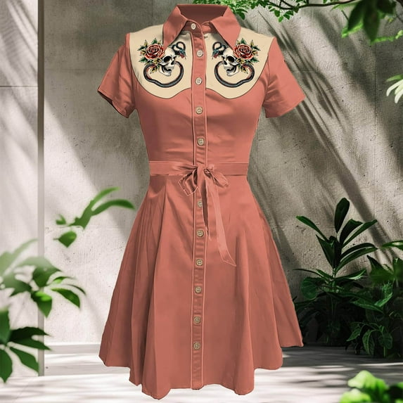 Vintage Western Flower Printed Shirt Dress Women Summer Button Down Casual Retro Style Midi Dresses Fashion Dresses for Women Summer Dresses for Casual Cute Maxi Dresses with Pockets Comfy Summer