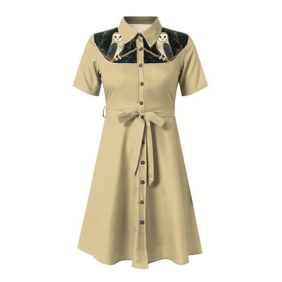 Vintage Western Flower Printed Shirt Dress Women Summer Button Down Casual Retro Cowgirl Style Midi Dresses,S-2XL