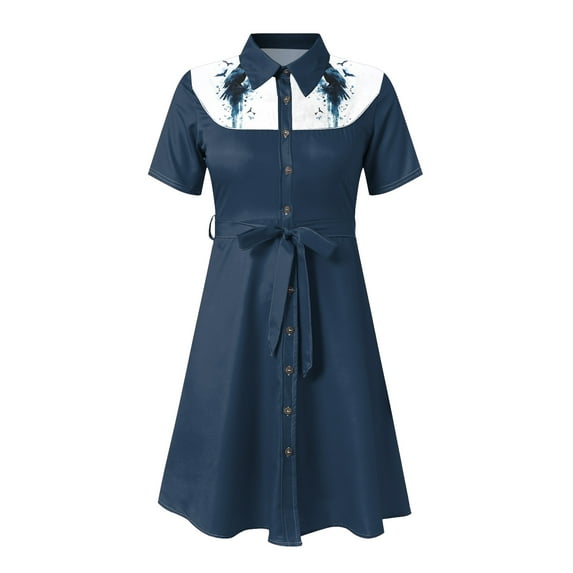 Vintage Western Flower Printed Shirt Dress Women Summer Button Down Casual Retro Cowgirl Style Midi Dresses,S-2XL