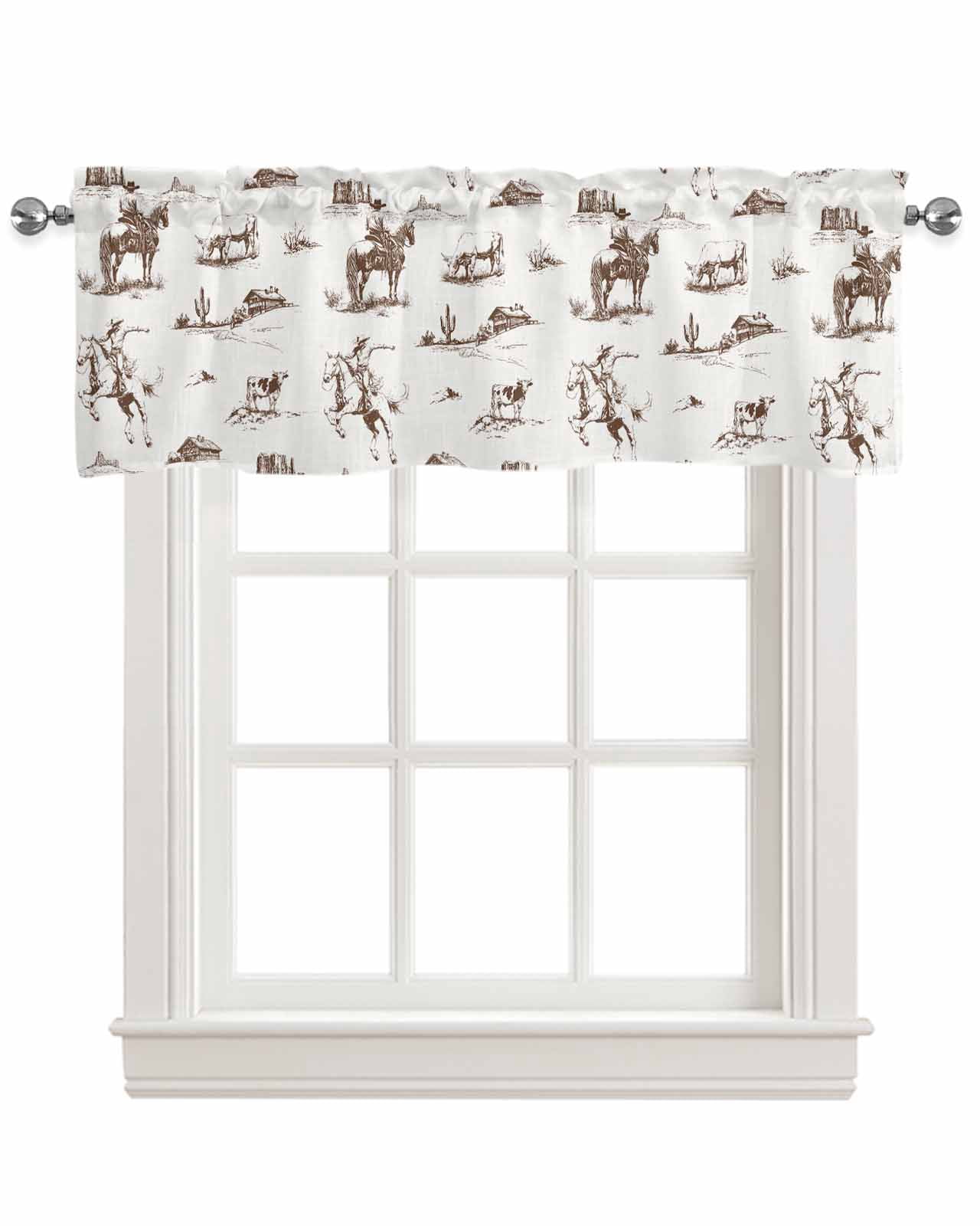 Vintage Western Kitchen Valances for Windows Farmhouse Linen Window Valance Curtain for Living Room Window Treatment Retro Art Horse Cowboy Farmhouse Valance Rod Pocket Topper Drape, 54 x 18 Inch