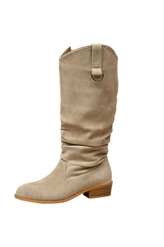 Vintage Western Ladies Suede Slouch Knee High Booties Ruched Wrinkled Shaft Pointed Toe Stable Block Mid Heel Knight Tall Boots Stylish Losse Fit Footwear Khaki 5.5(36)