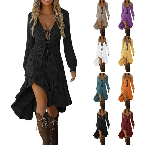 Vintage Western Long Sleeve Dresses for Women Fashion Lace-Up Front Renaissance Dress Deep V Neck Halloween Outfit