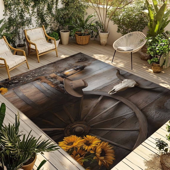 Vintage Western Outdoor Rug for Patio/Deck/Porch, Non-Slip Large Area Rug 3 x 5 Ft, Countryside Sunflowers Wooden Retro Indoor Outdoor Rugs Washable Area Rugs, Reversible Camping Rug Carpet Runner