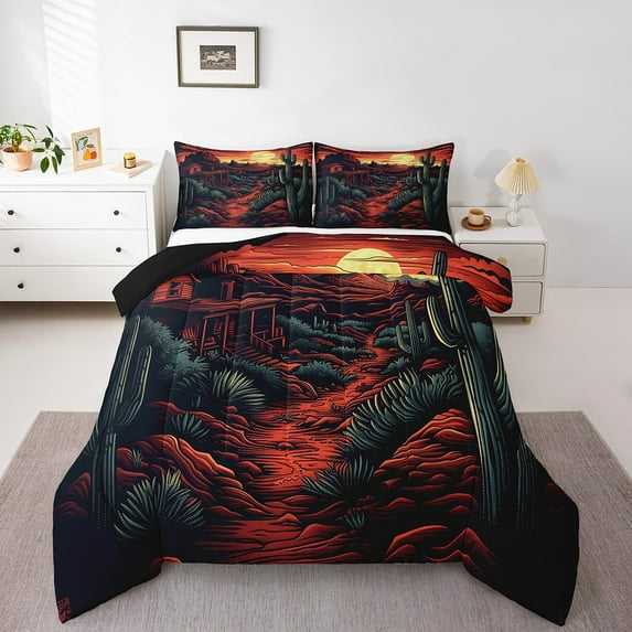 Vintage Western Queen Comforter Set,West Retro Cowboy Bedding Set Adults Bedroom Decor,Cactus Desert Sunset Quilt Bed Set Rustic Exotic Style Down Comforter 3Pcs