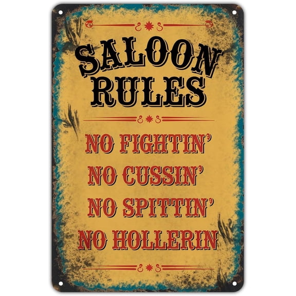 Vintage Western Saloon Rules Metal Tin Sign for Bar Garden Porch Garage Home Bedroom Kitchen Wall Decor, 8 x 12 Inch