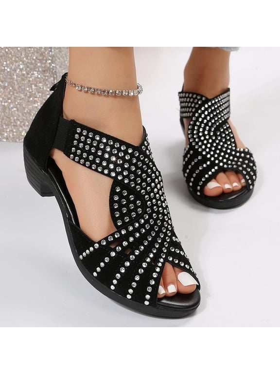 Vintage Western Sandals for Women - Peep Toe Mid Heel Party Shoes with Rear zipper, Comfortable Summer Sandals