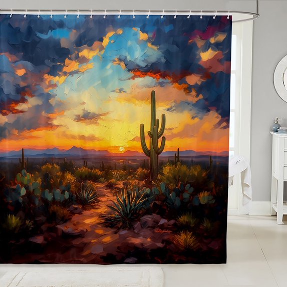 Vintage Western Shower Curtain Set,West Cowboy Bathroom Set Adults Home Decor,Cactus Succulent Plant Bathroom Curtain Rustic Country Sunset Fabric Shower Curtain 72"Wx78"L
