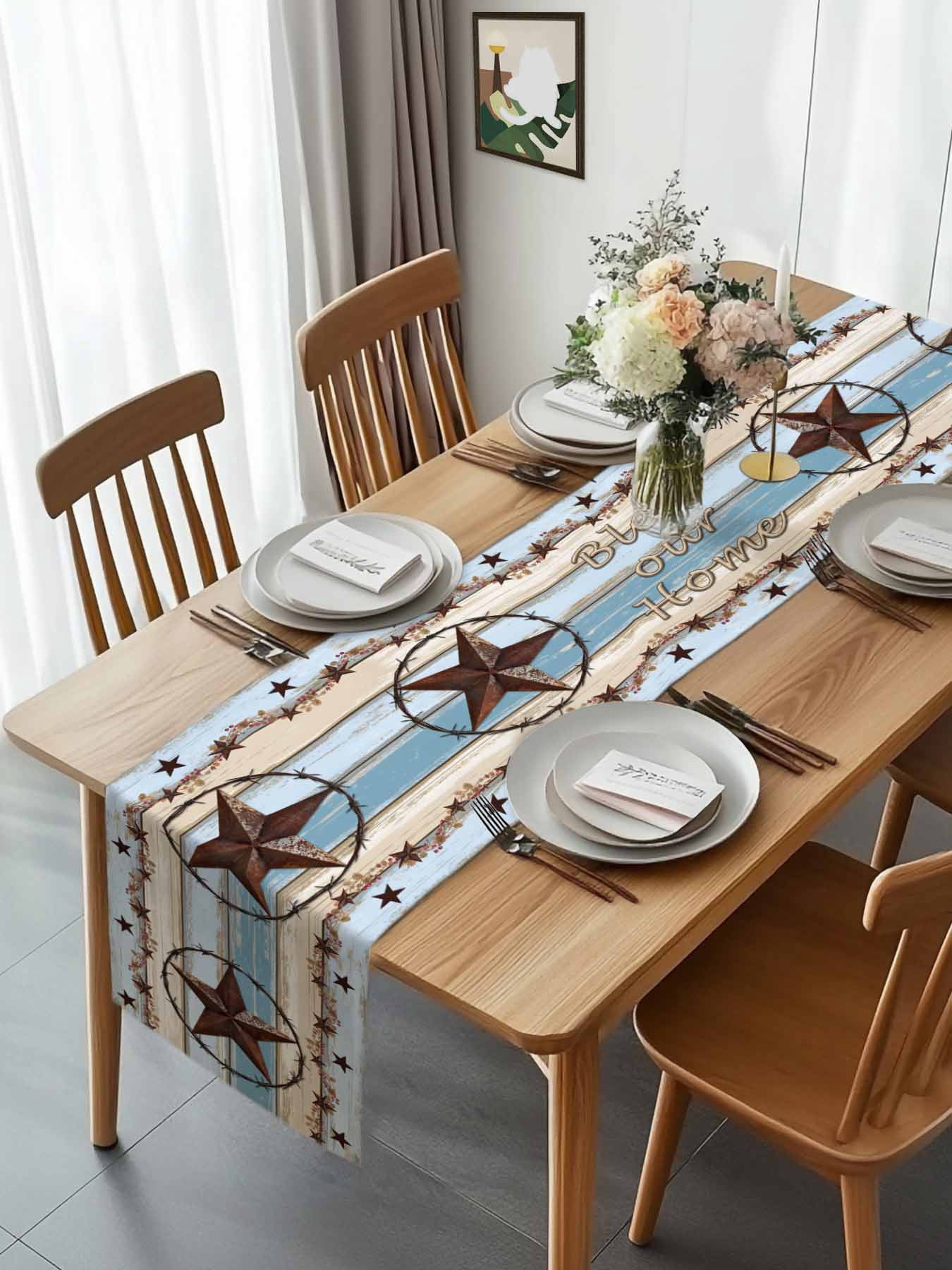 Vintage Western Star Home Quote Table Runner 90 Inches Long, Farm Gradient Wood Board Table Runners Tabletop Scarf Kitchen Dining Tables Decoration for Home Party Indoor Outdoor