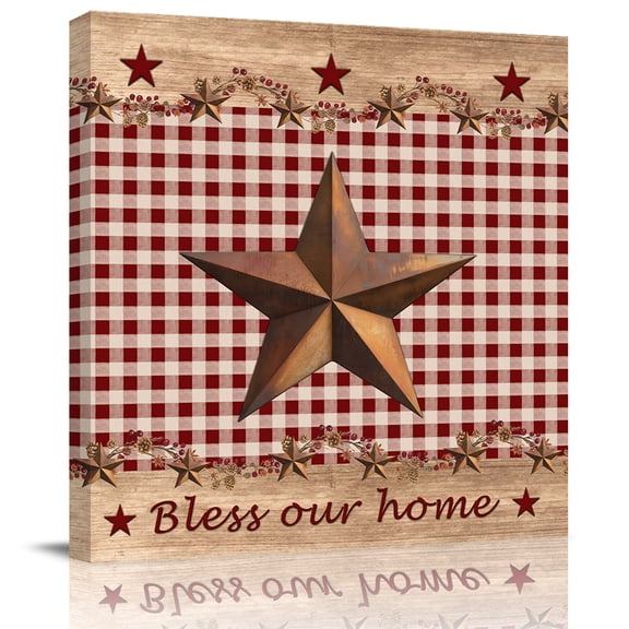 Vintage Western Star Red Plaid Canvas Artwork Painting Art, Farmhouse Wood Board Square Framed Wall Decorations Prints Picture for Bedroom Kitchen Living Room, 16x16 in
