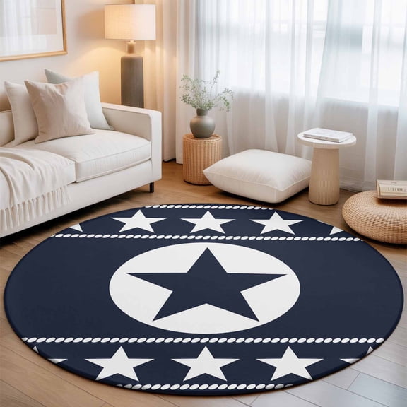 Vintage Western Star Round Rug 5ft Texas Ethnic Stars Dark Blue Washable Area Rugs for Living Room Bedroom Entryway Non Slip Entrance Door Mat Indoor Floor Carpet