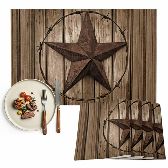 Vintage Western Stars Placemats Set of 4, Brown Farmhouse Wood Texture Table Mats Washable Heat-Insulation Non-Slip Place Mats for Kitchen Dinner Table Indoor Outdoor Decor,13x19 Inch